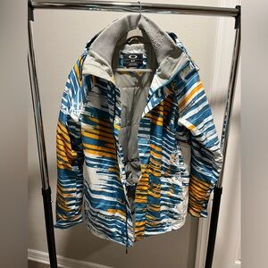 Oakley Jacket w/Hood Snowboard Ski Blue & Yellow Camouflage Mens Small-Preowned
